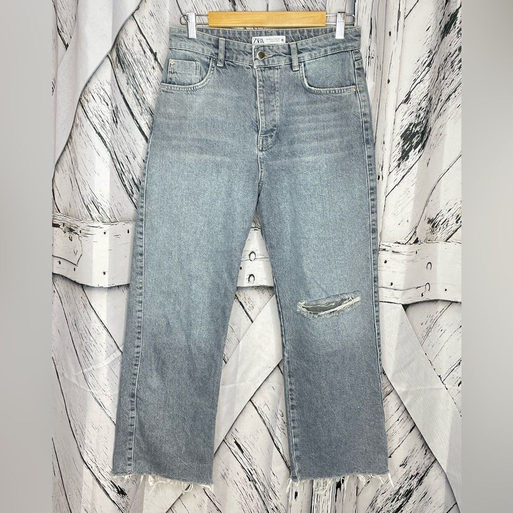Zara wide-leg distressed jeans button fly 6